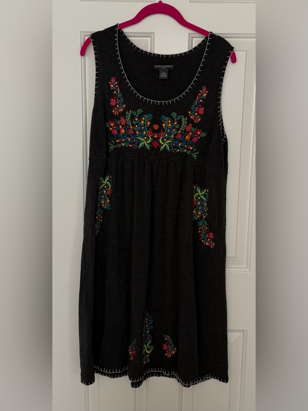 Charcoal Grey Sleeveless Embroidered Boho Dress with Multicolor Floral Detail